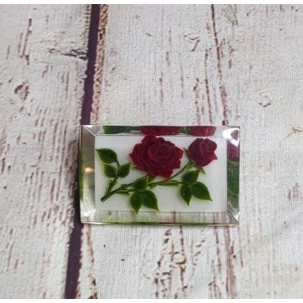 Vintage Gem-Tone Hand Carved Rose Flower Lucite Pin Brooch